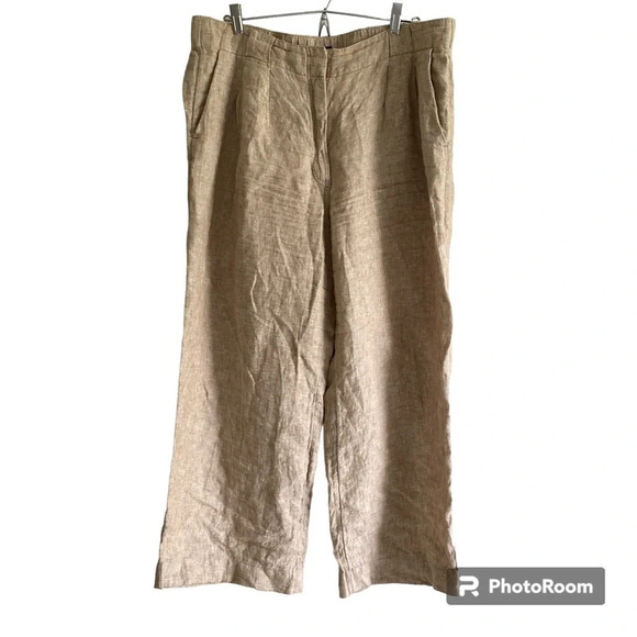 100% FLAX LINEN  M&S Collection Beige Tan Wide Leg Trouser Pants Size 18 Short - Picture 1 of 16